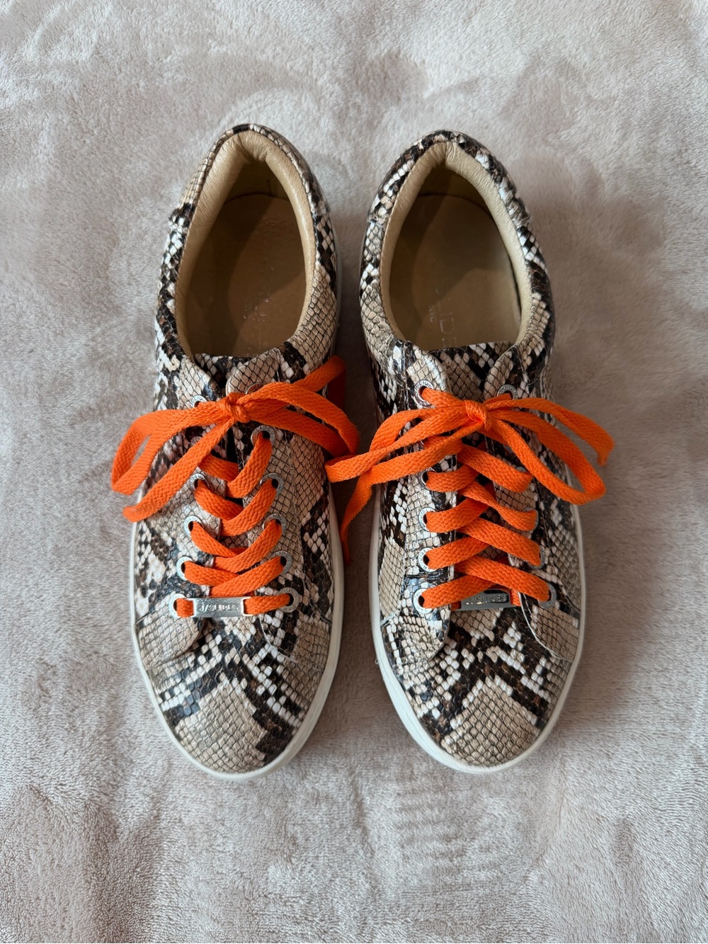 J Slides Snake Print Sneakers with Bright Orange Laces size 7.5